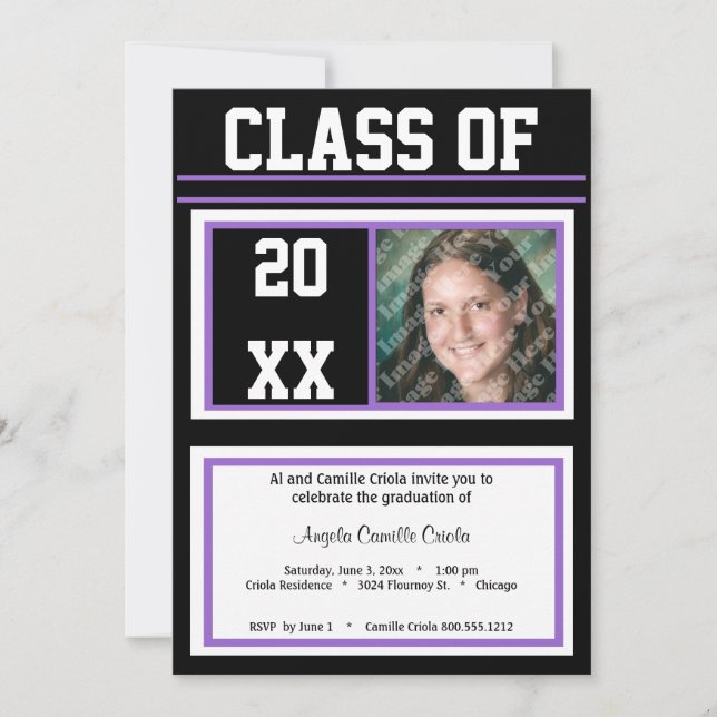 Convites Festa de formatura de Fotos de Classe Preta e Roxa (Frente)