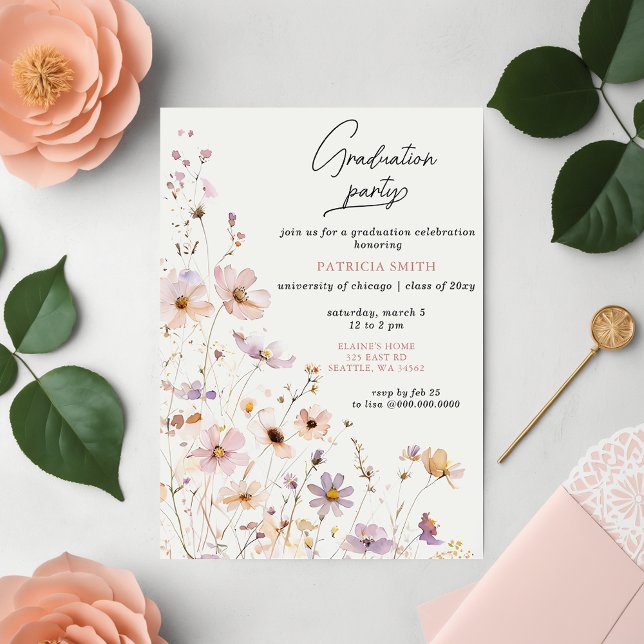 Convites Festa de formatura de Fotos Elegante de Flores Sel (Elegant Wildflowers Photo Graduation Party Invitation)