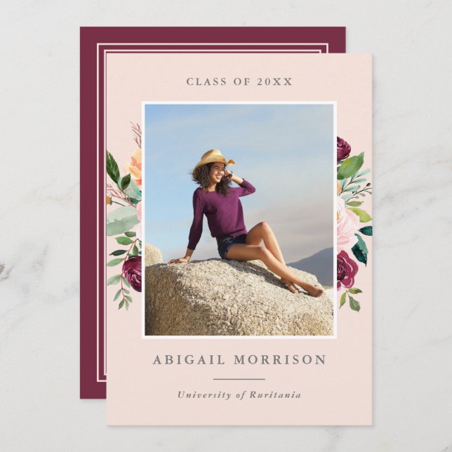 Convites Festa de formatura de Fotos Floral Blush Blush (Frente/Verso)