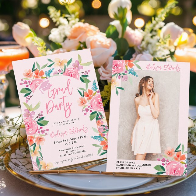 Convites Festa de formatura de Fotos Floral Chic Boho Water (Chic Boho Watercolor Floral Photo Graduation Party Invitation)