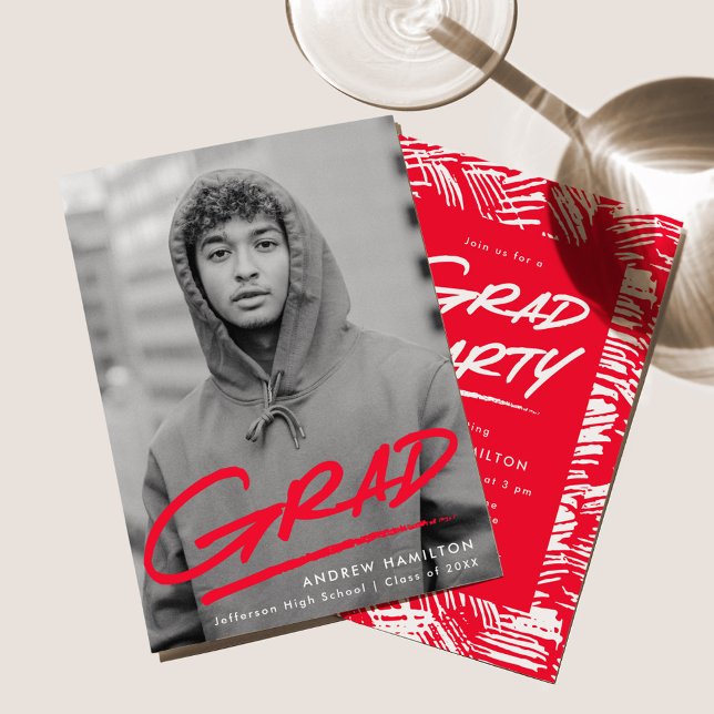 Convites Festa de formatura de Fotos Vermelha Moderna Dash (Criador carregado)