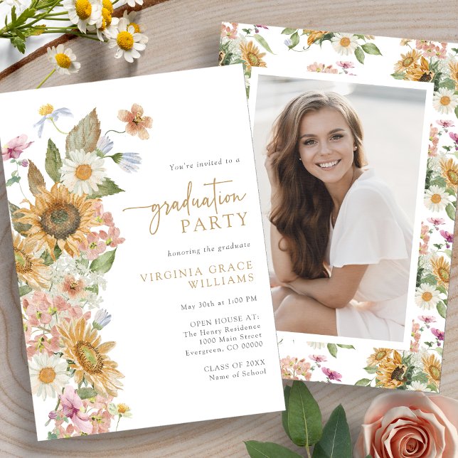 Convites Festa de formatura de girassol (Watercolor Sunflower Photo Graduation Party Invitation by Painted Paperie
)