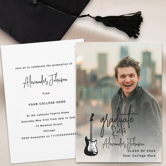 Convites Festa de Formatura de Graduado Moderno Foto Vertic (Modern vertical photo rock guitar music trendy graduation party invitation)