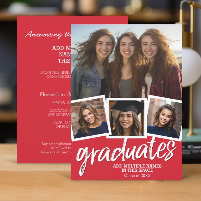 Convites Festa de formatura de grupo - 4 fotos vermelho (Group Graduation Invitation with 4 Photos and Party Information)