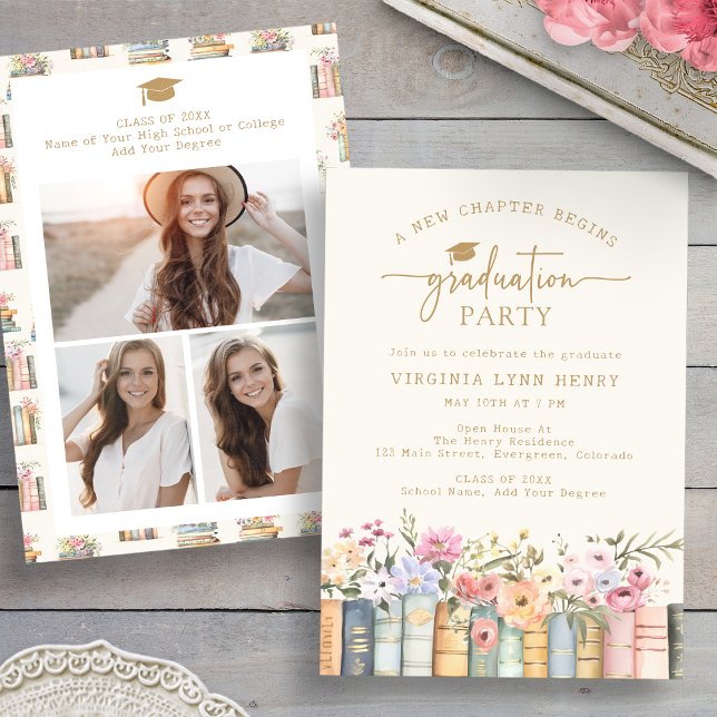 Convites Festa de formatura de livros (Watercolor Floral Books Graduation Party Invitation with Photos by Painted Paperie
)