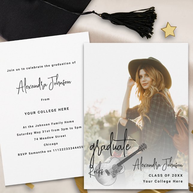 Convites Festa de formatura de Música Fotográfica Moderna (Modern trendy vertical photo Graduation announcement party invitation rustic country music guitar)
