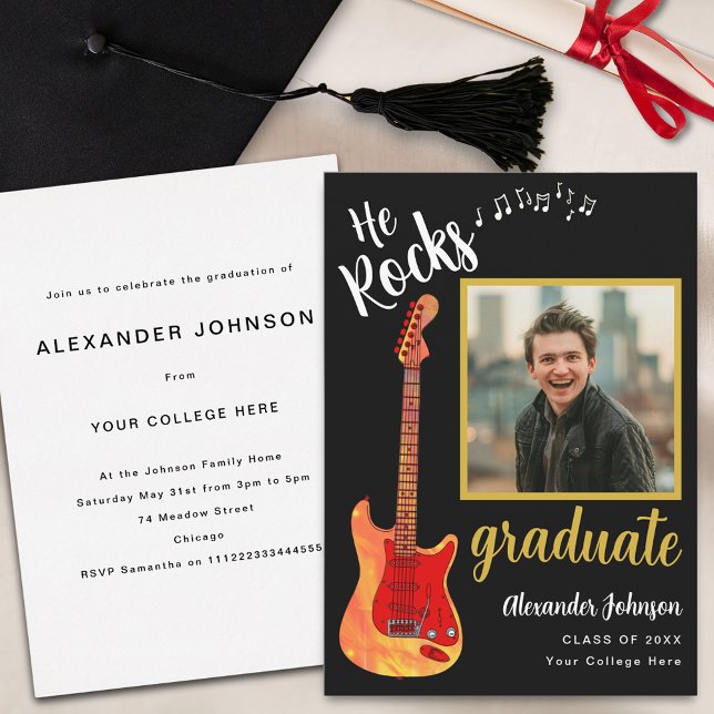 Convites Festa de formatura de Música Legal de Fotografia d (Modern graduate photo cool flame electric guitar music Graduation party invitation)