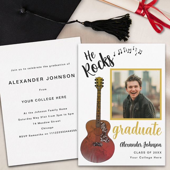 Convites Festa de formatura de Música Legal de Fotografia d (Modern graduate photo country music rustic guitar Graduation party invitation)