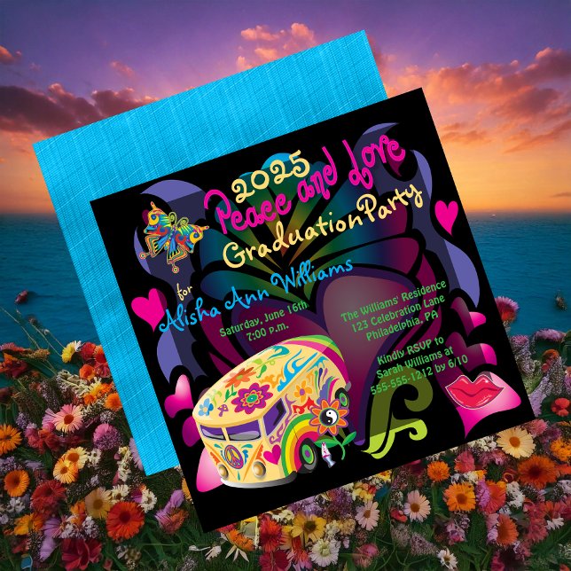 Convites Festa de formatura de Paz e Amor dos Sessenta Anos (Retro Sixties Peace and Love Graduation Party Invitation - Print and/or Digital Download)