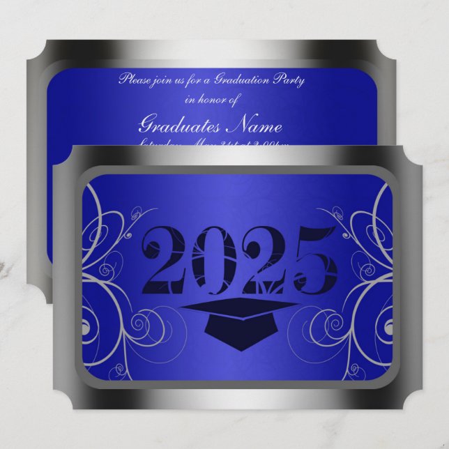Convites Festa de formatura de Quadro Azul e Prateado (Frente/Verso)