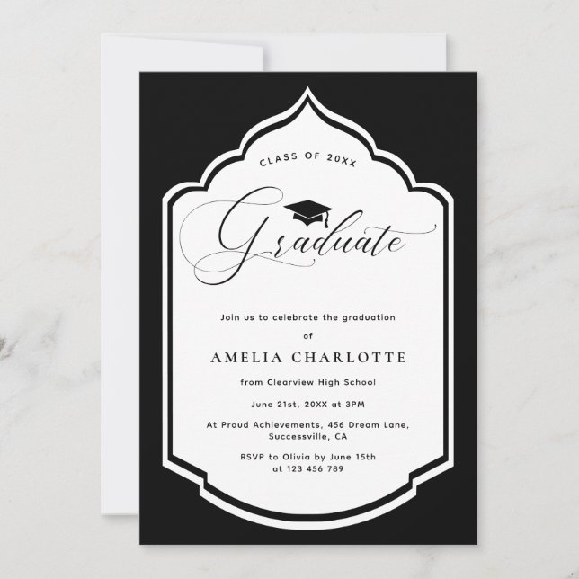 Convites Festa de formatura de Quadro Branco Preto Elegante (Frente)