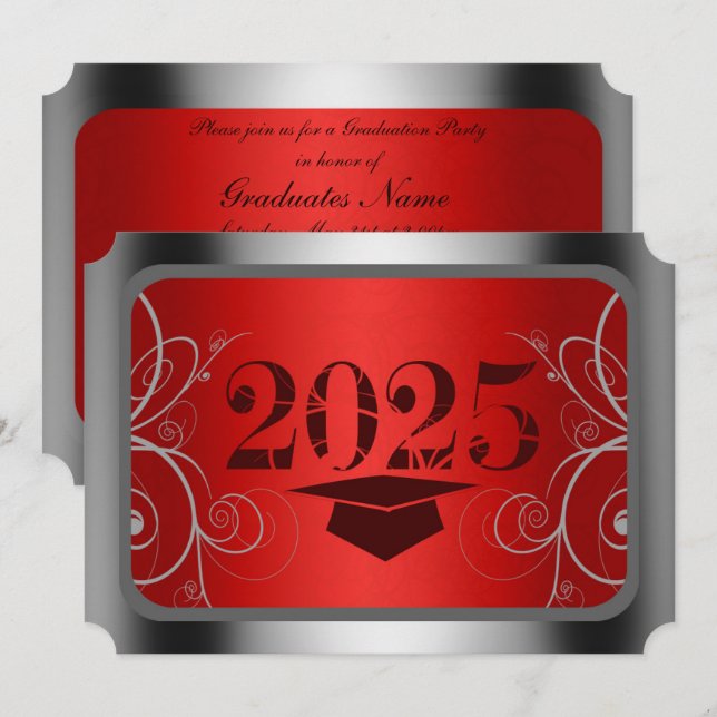 Convites Festa de formatura de Quadro Vermelho e Silver (Frente/Verso)