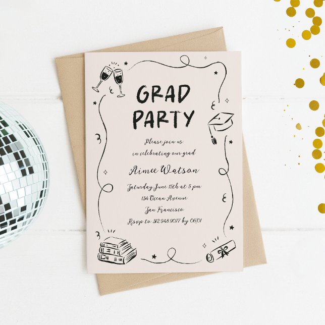 Convites Festa de Formatura de Rabiscos Desenhados à Mão  (quirky graduation party invitation with whimsical doodles)