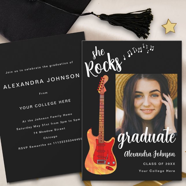 Convites Festa de formatura de Script Branco Preto de Foto  (Cool electric guitar rock music Graduation party invitation with graduate photo template and stylish)
