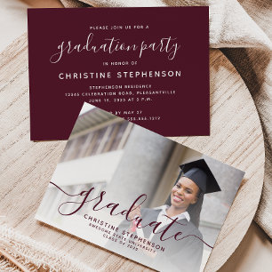 Convites festa de formatura de Script de Burgundy Foto 2025
