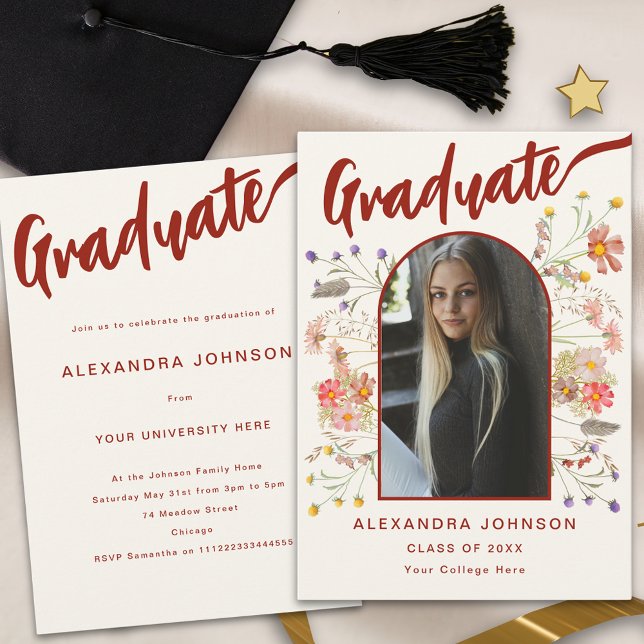 Convites Festa de formatura de Script de Fotografia do Form (Boho floral burnt orange script graduate photo arch graduation  party invitation wildflowers)