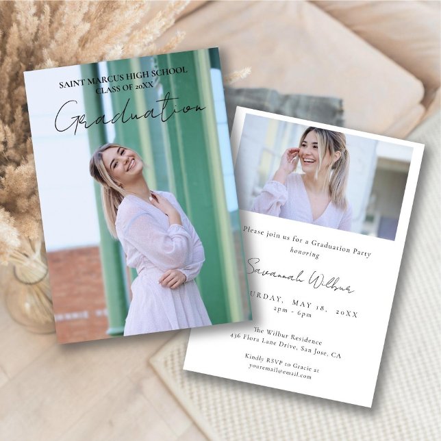 Convites Festa de formatura de Script Mínimo Moderno (Modern Minimal Simple Script Graduation Party Invitation - Front and Back)