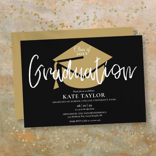 Convites Festa de formatura de Script Preto E Dourado (Black And Gold Script Graduation Party Invitation)