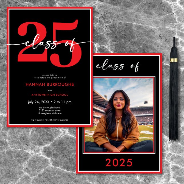 Convites Festa de formatura de Script Vermelho Mínimo Moder (Modern Minimal Red Script Graduation Party Invitation)