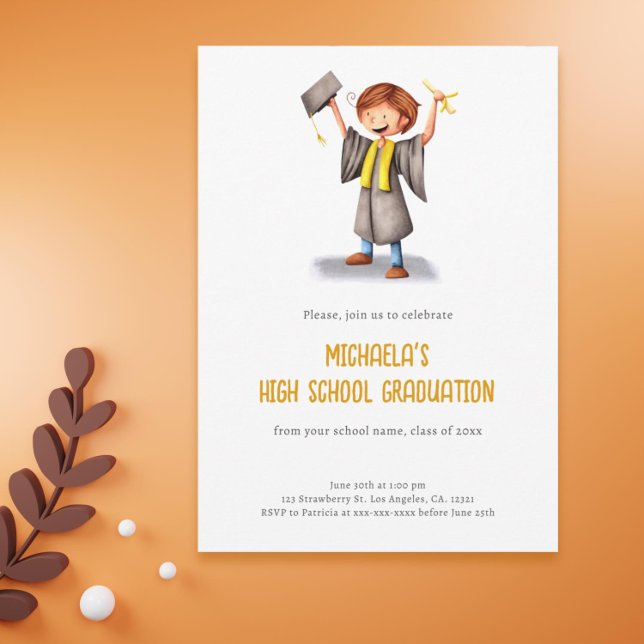 Convites Festa de formatura de Segundo grau de Ilustração d (Minimalist Illustrated High School Graduation Party Invitation)