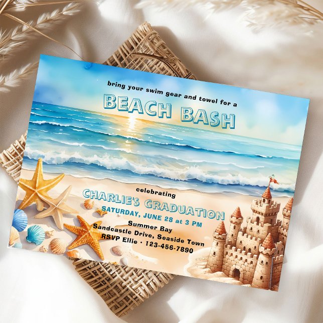 Convites Festa de formatura de Starfish de Beach Bash (Graduation party invitation for beach bash .. easy to edit for your event)