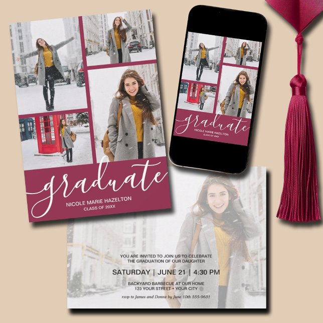 Convites Festa de formatura de várias fotos (Multi Photo Maroon Graduation Party Invitations - PRINTED and/or INSTANT DOWNLOAD)