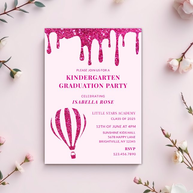 Convites Festa de formatura do jardim de infância rosa quen (hot pink kindergarten graduation party invitations, graduation invitations, graduation day invites)