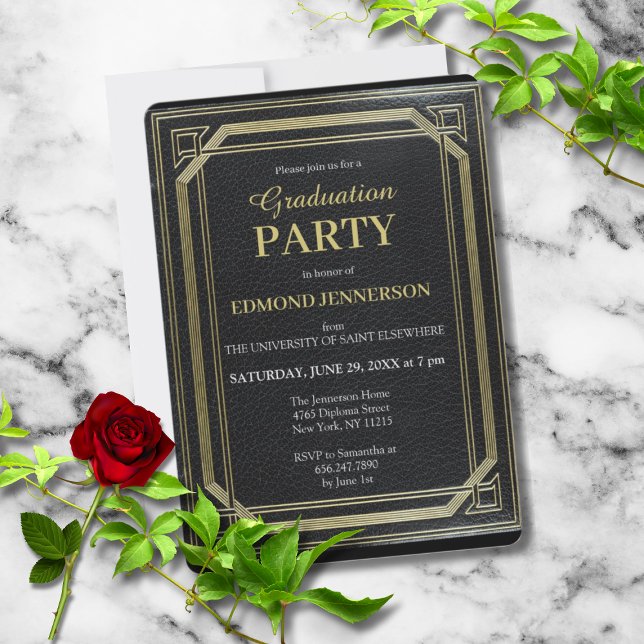 Convites Festa de formatura Dourada 2025 Elegante (CLASSIC BLACK ELEGANT GRADUATION PARTY INVITATION)