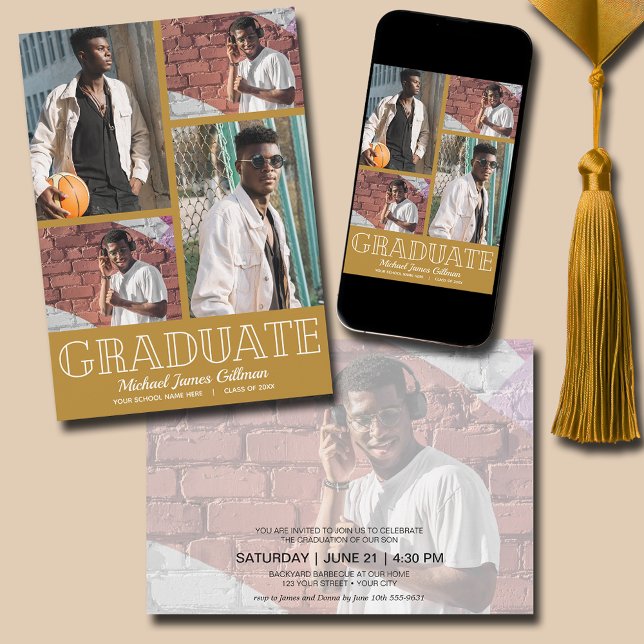 Convites Festa de formatura Dourada de várias fotos (Multi Photo Gold Graduation Party Invitations - PRINTED and/or INSTANT DOWNLOAD)