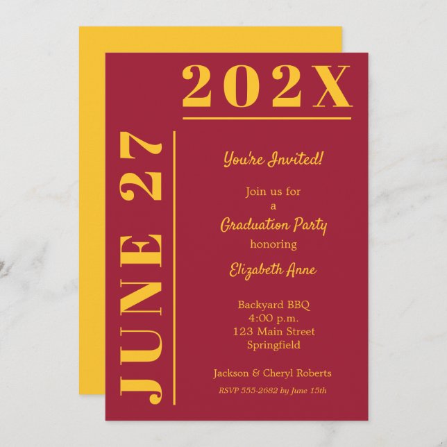 Convites Festa de formatura Dourada e Crimson (Frente/Verso)