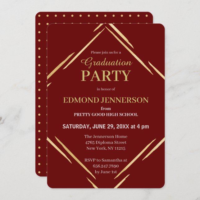 Convites Festa de formatura Dourada Elegante Burgundy (Frente/Verso)