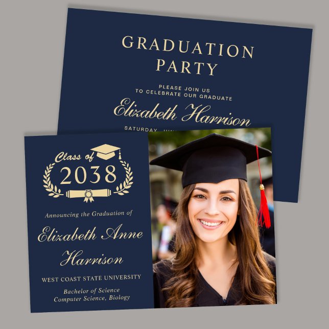 Convites Festa de Formatura Elegante Azul Dourado Faculdade (Elegant Photo Blue Gold College Graduation Party Invitation)