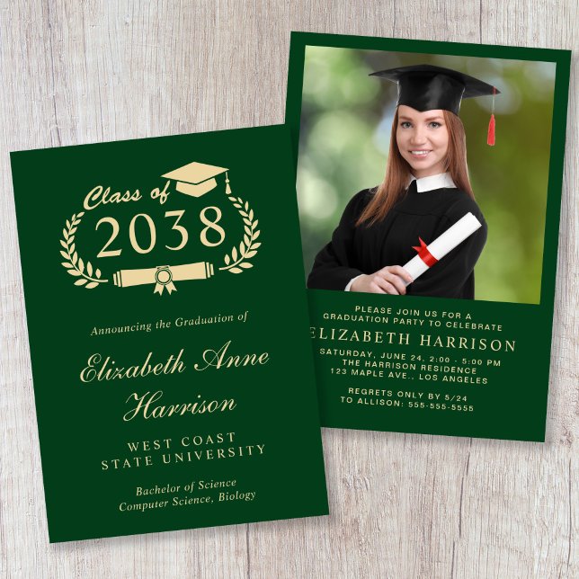 Convites Festa de Formatura Elegante com Letra Dourada em V (Elegant Photo Gold Script Green Graduation Party Invitation)