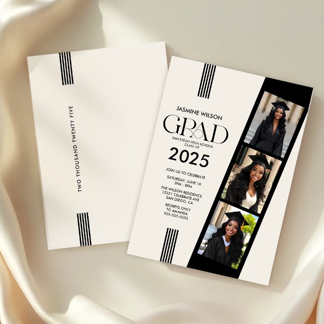 Convites Festa de formatura Elegante de strip (Elegant 3 Photo Graduation Party Invitation)