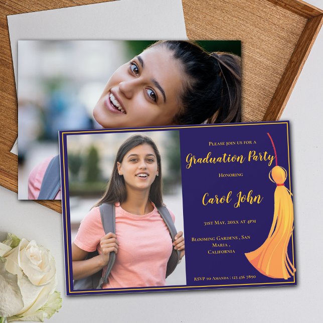 Convites Festa de formatura Elegante Dourado Azul 2025 (Blue Gold Tassel Elegant 2025 Graduation Party Invitation)
