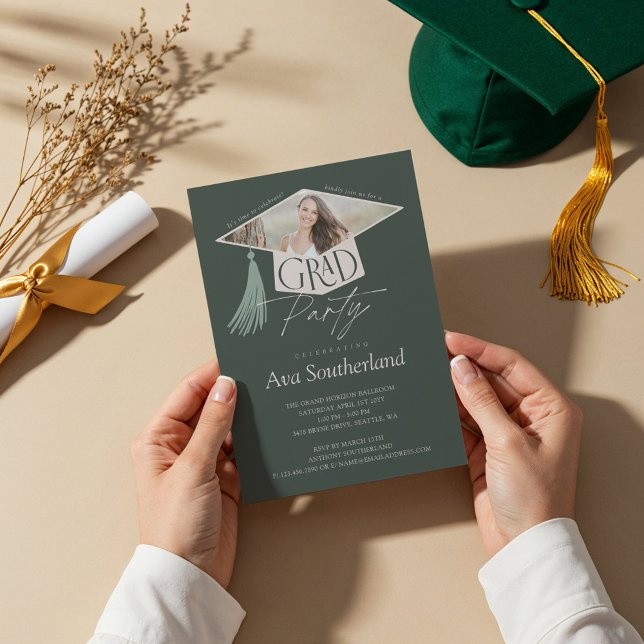 Convites Festa de formatura Elegante para Boné e Formando d (Elegant Grad Cap & Tassel Photo Graduation Party Invitation)