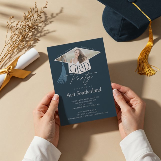 Convites Festa de formatura Elegante para Boné e Formando d (Elegant Grad Cap & Tassel Photo Graduation Party Invitation)