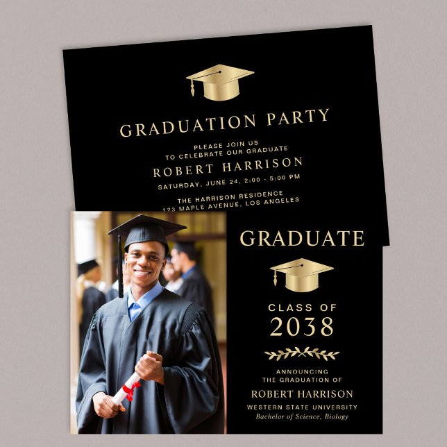 Convites Festa de Formatura Elegante Preto e Dourado Faculd (An elegant college graduation party invitation to celebrate the graduate's achievements)