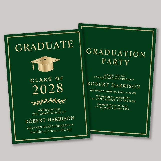 Convites Festa de Formatura Elegante Verde e Dourado da Fac (An elegant college graduation party invitation to celebrate the graduate's achievements)