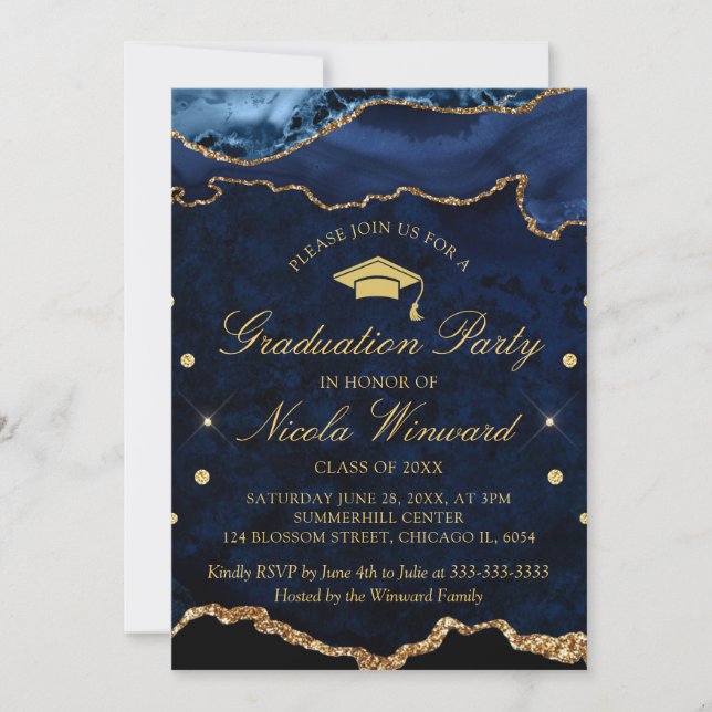 Convites Festa de Formatura em Ágata de Mármore Azul Naval  (Frente)