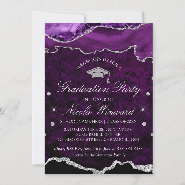Convites Festa de Formatura em Ágata de Mármore Roxo Modern (Frente)