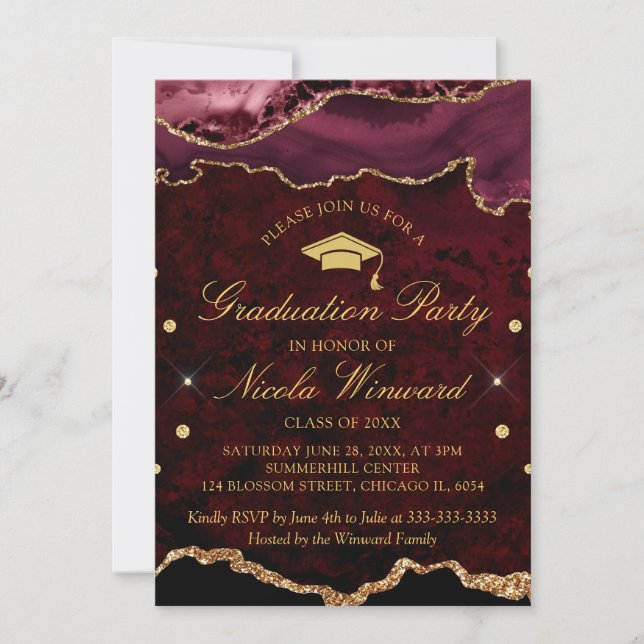 Convites Festa de Formatura em Ágata de Mármore Vermelho Mo (Frente)