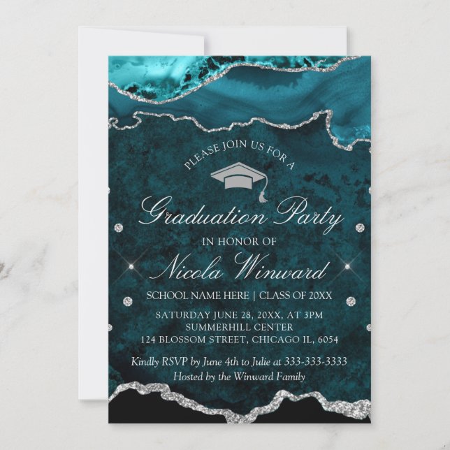 Convites Festa de Formatura em Ágata Mármore Verde Teal Mod (Frente)