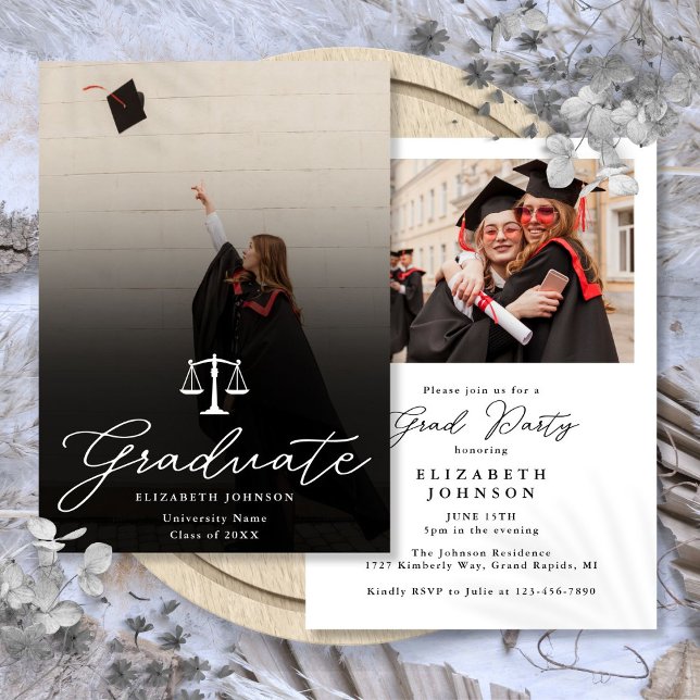 Convites Festa de Formatura em Direito com Letra Elegante F (Photo Elegant Script Law School Graduation Party Invitation)
