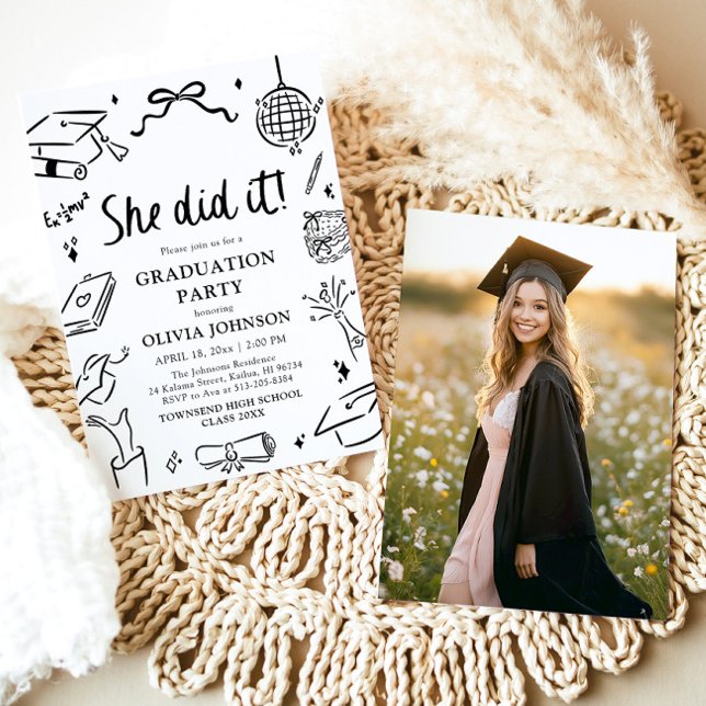 Convites Festa de Formatura Fê-lo Moderna Desenhada à Mão (Modern Hand Drawn She did it Graduation Party Invitation)