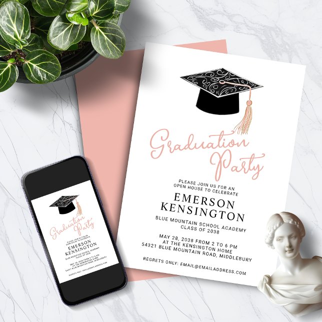Convites Festa de formatura feminina moderna e bonita (Cute Modern Feminine Graduation Party Invitation with Instant Digital Download Option)