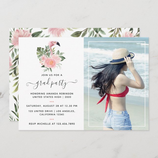 Convites Festa de formatura Flamingo Rosa Tropical Exótica (Frente/Verso)