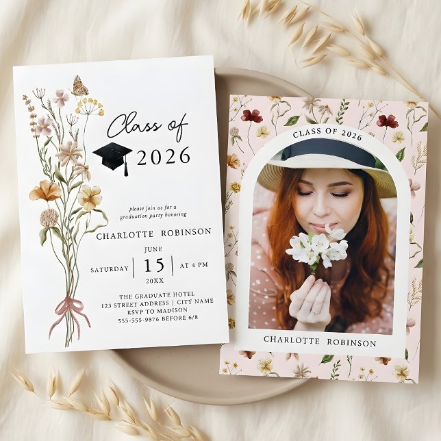 Convites Festa de Formatura Flor Silvestre da Primavera Ele (Stylish Spring Wildflower 2026 Graduation Party Invitation)