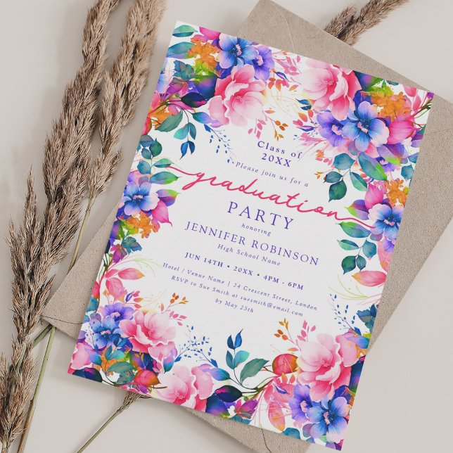 Convites Festa de formatura Floral bonito do Jardim Vibrado (Pretty Vibrant Garden Floral Graduation Party Invitation)