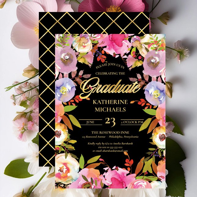 Convites Festa de formatura Floral Brilhante Bloom Watercol (Brilliant Bloom Watercolor Floral Graduation Party Invitation with Faux Foil Accents Print | Digital)